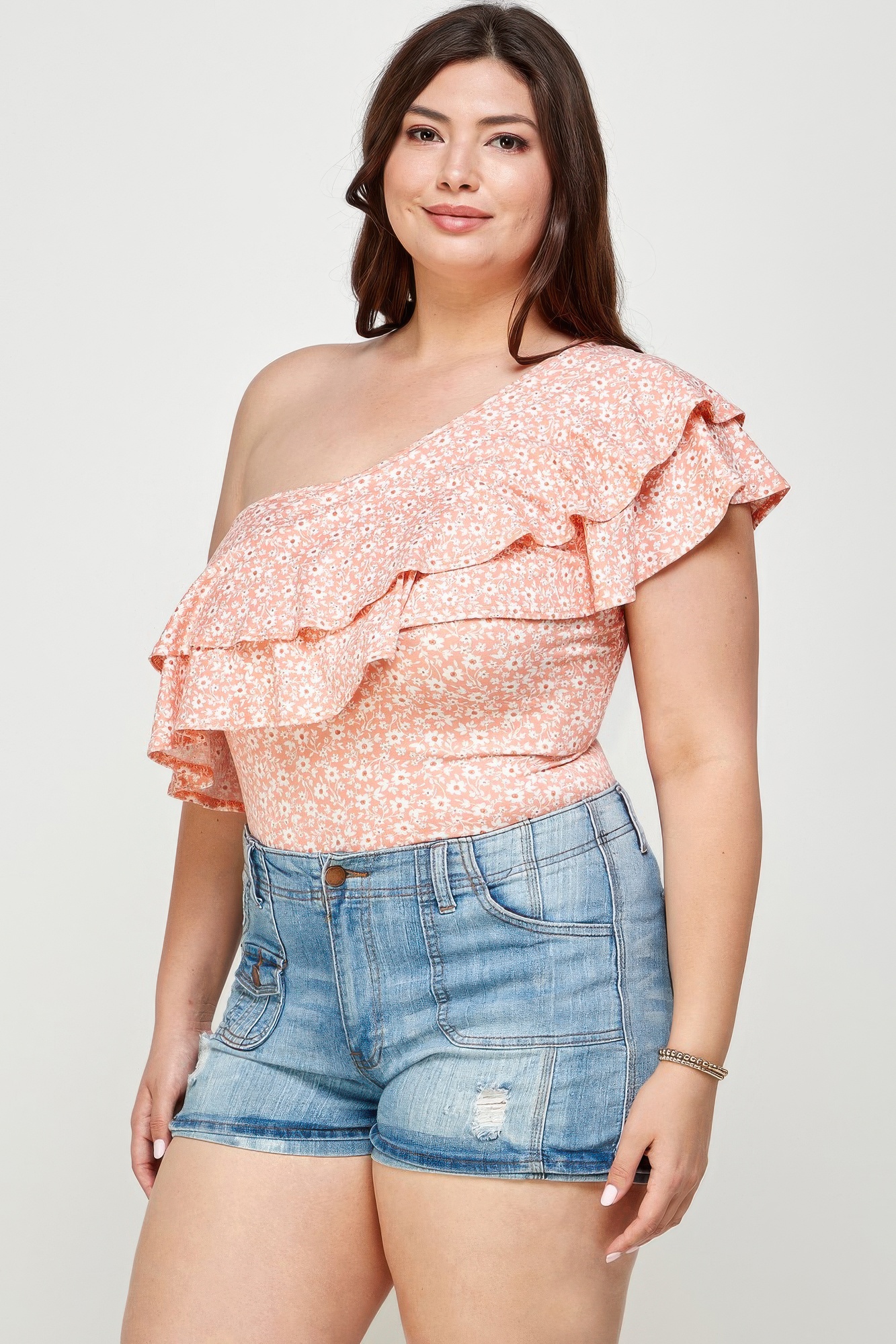 Plus Size Ditsy Floral One Shoulder Bodysuit, photo 4