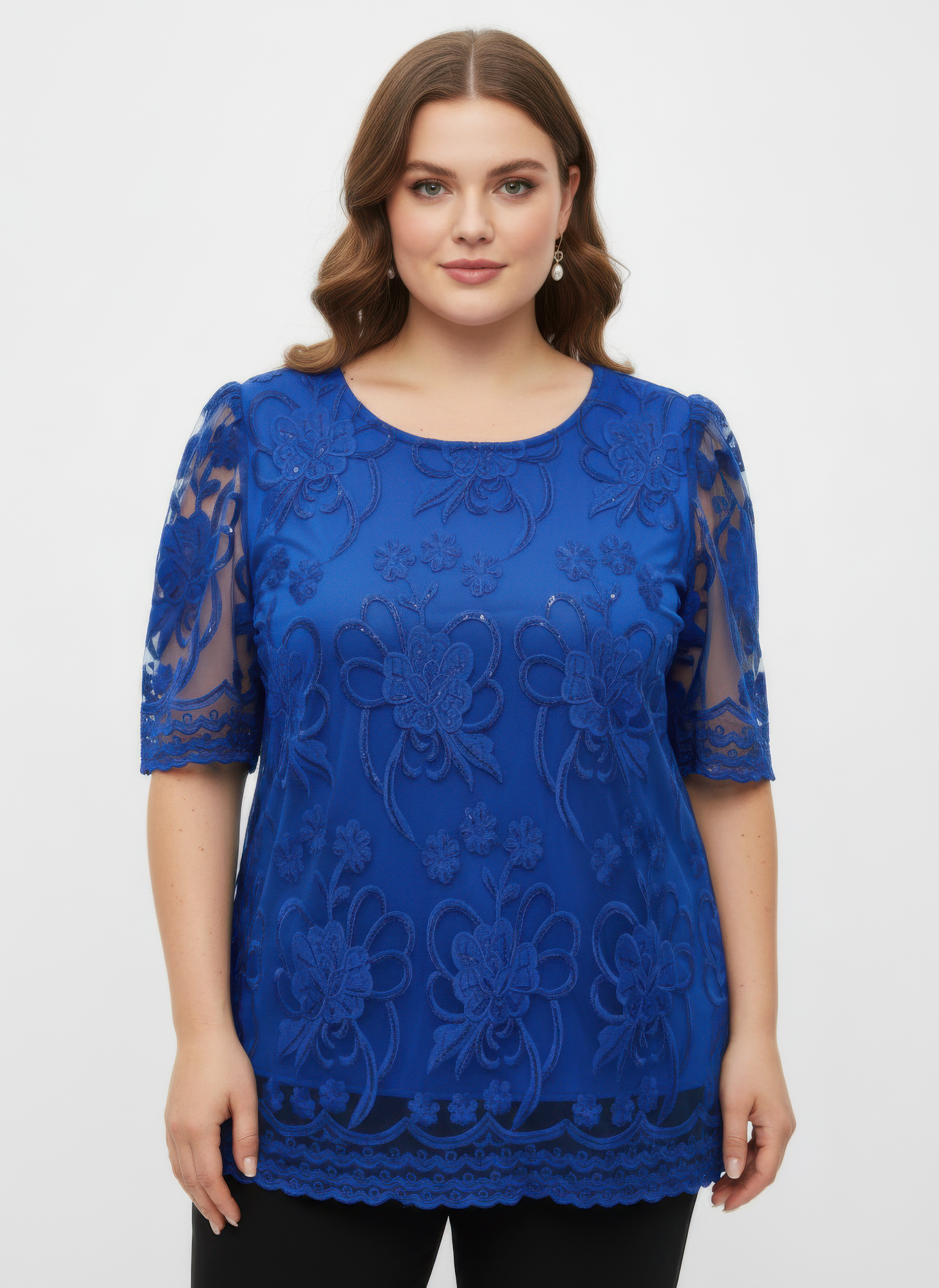 Embroidered Lace Overlay Short Sleeve Top