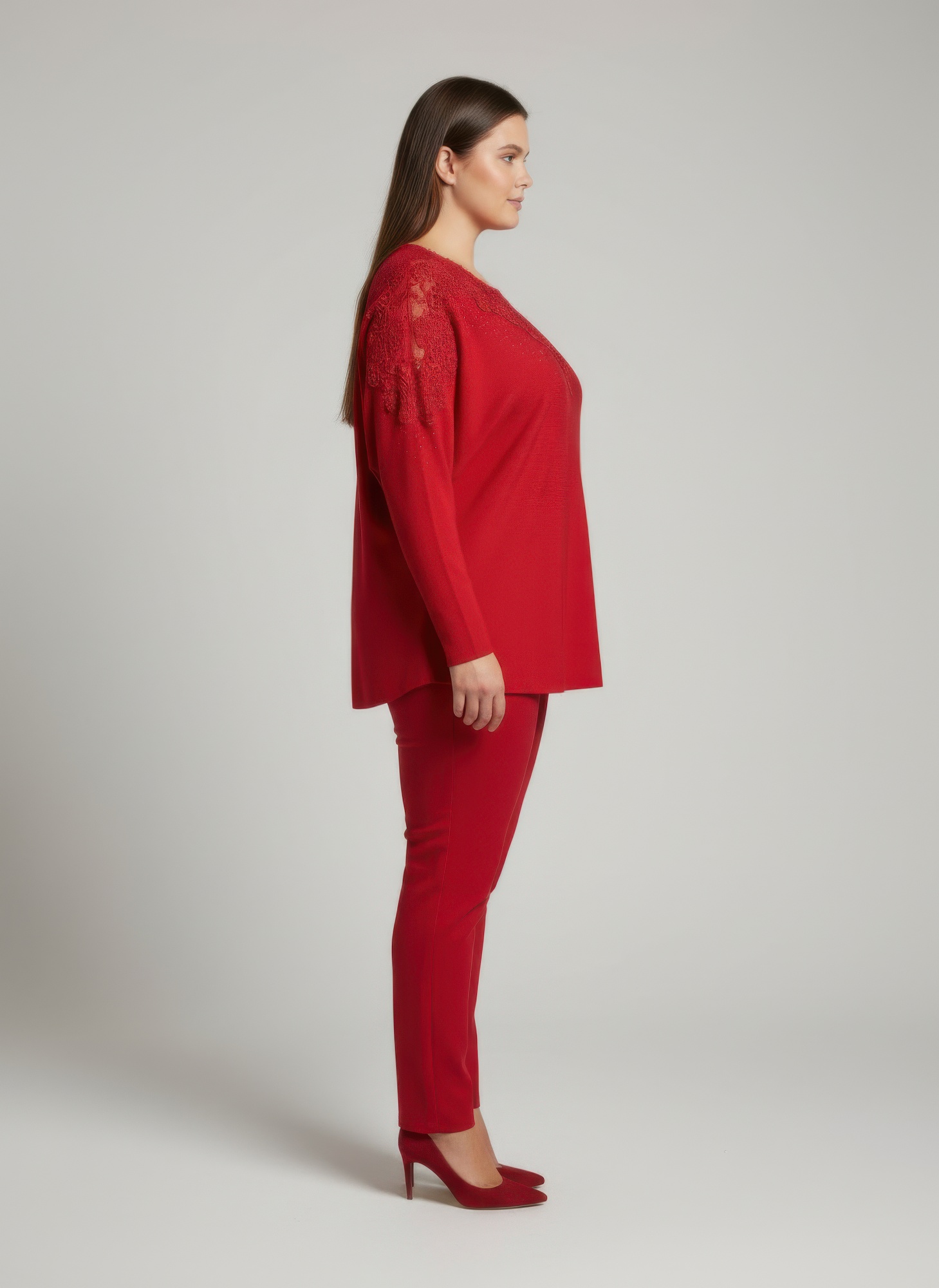 Crimson Lace Embellished Knit Tunic Top, photo 2