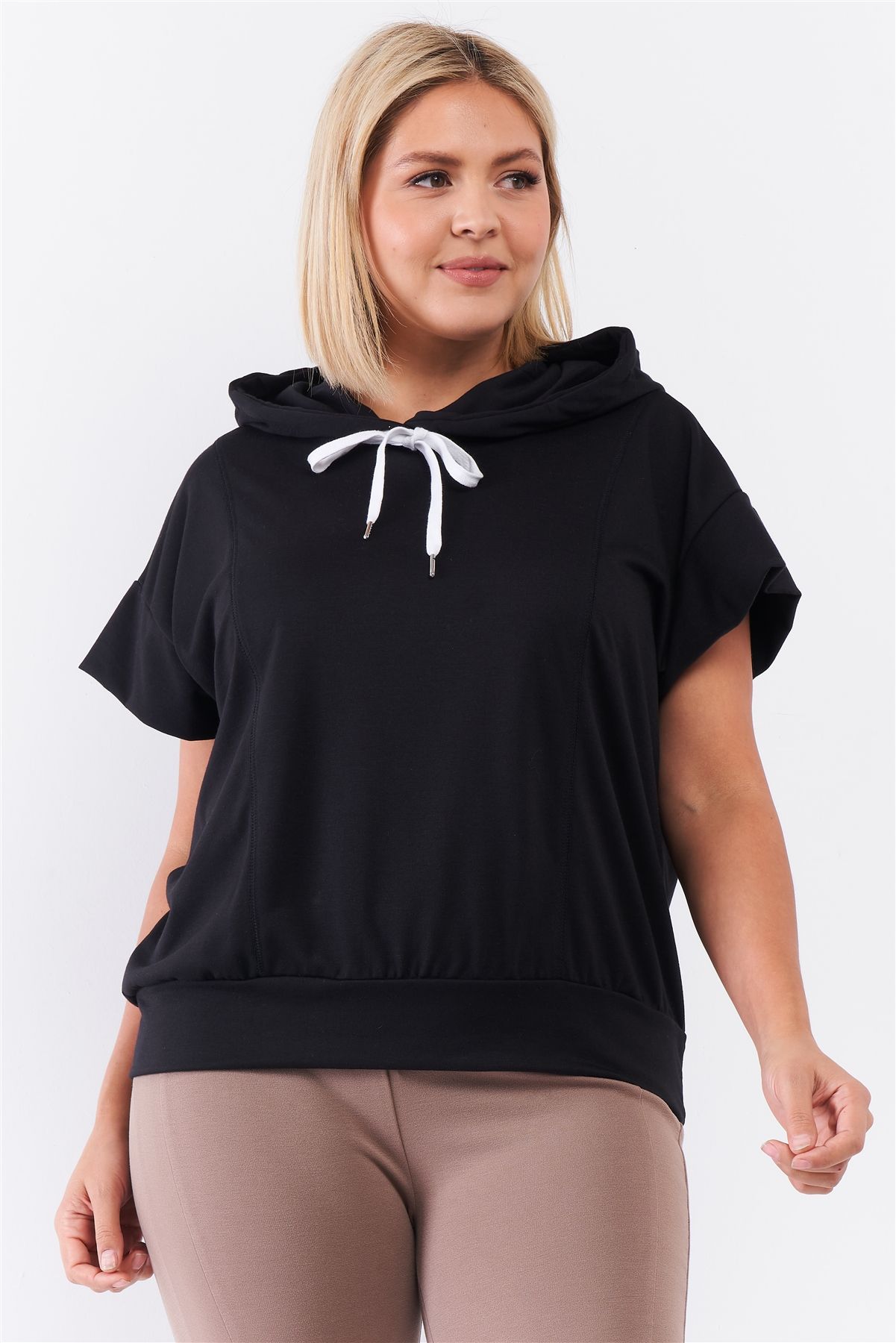Black Short Wing Sleeve Relaxed Fit White Draw String Tie Hood Detail Top, photo 3