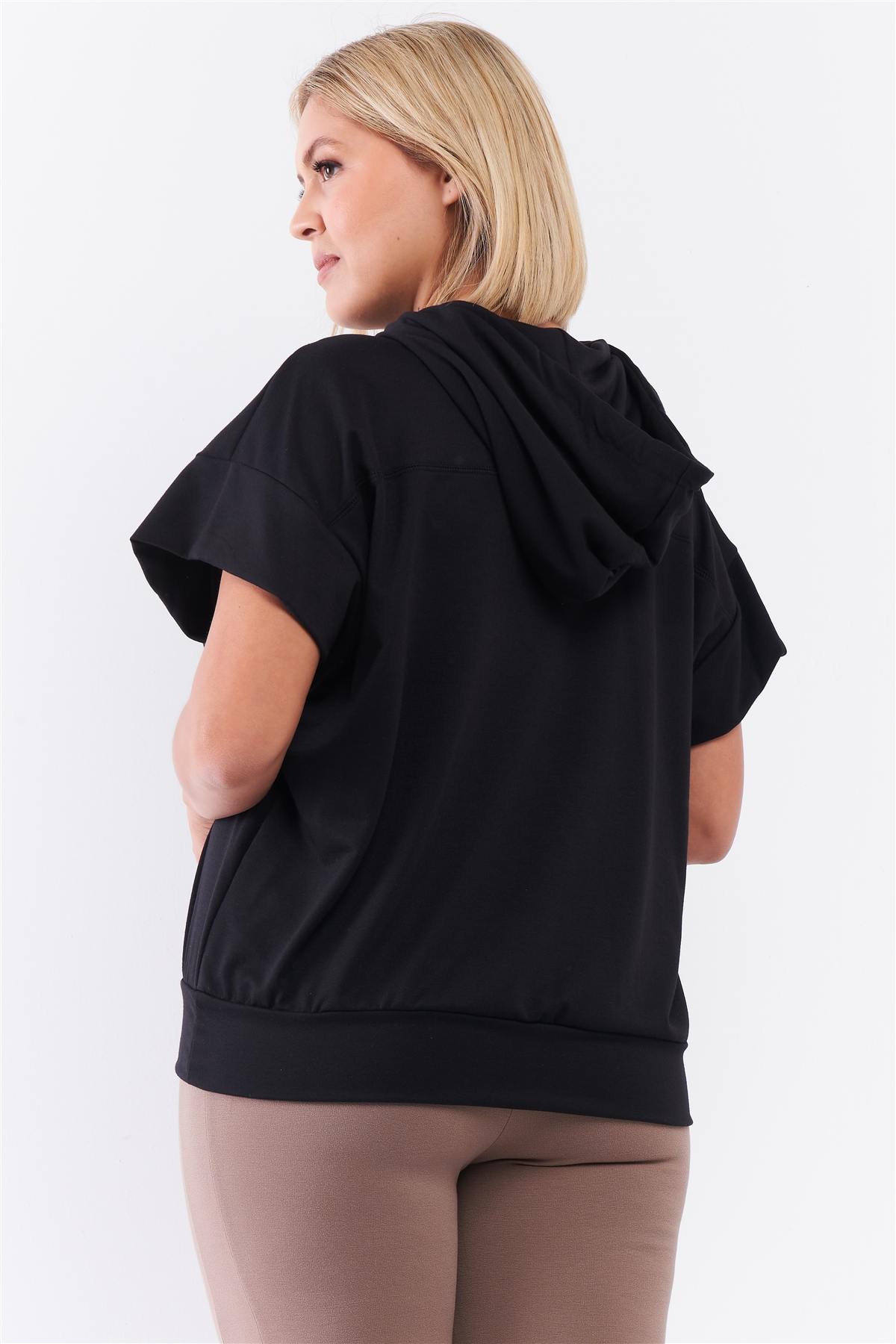 Black Short Wing Sleeve Relaxed Fit White Draw String Tie Hood Detail Top, photo 4