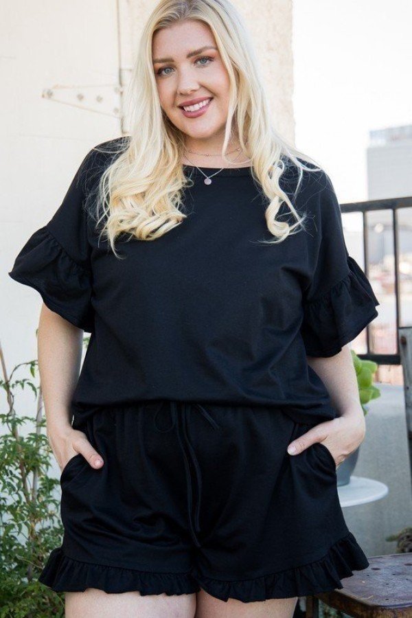 Round Neck Ruffle Sleeve Side Slit French Terry Top, photo 3