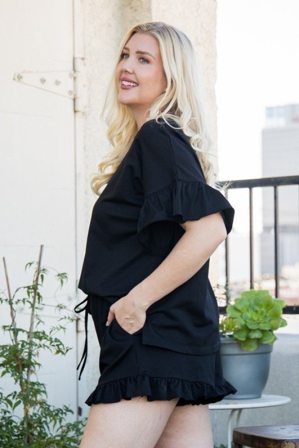 Round Neck Ruffle Sleeve Side Slit French Terry Top, photo 5