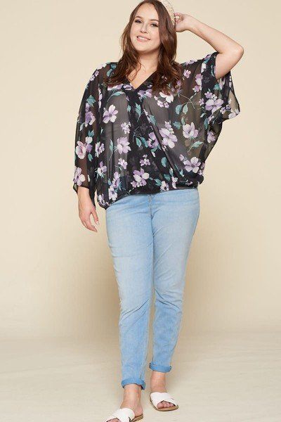 Plus Size Floral Chiffon Sheer Surplice Top, photo 2