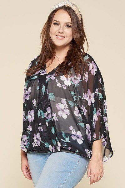 Plus Size Floral Chiffon Sheer Surplice Top, photo 3