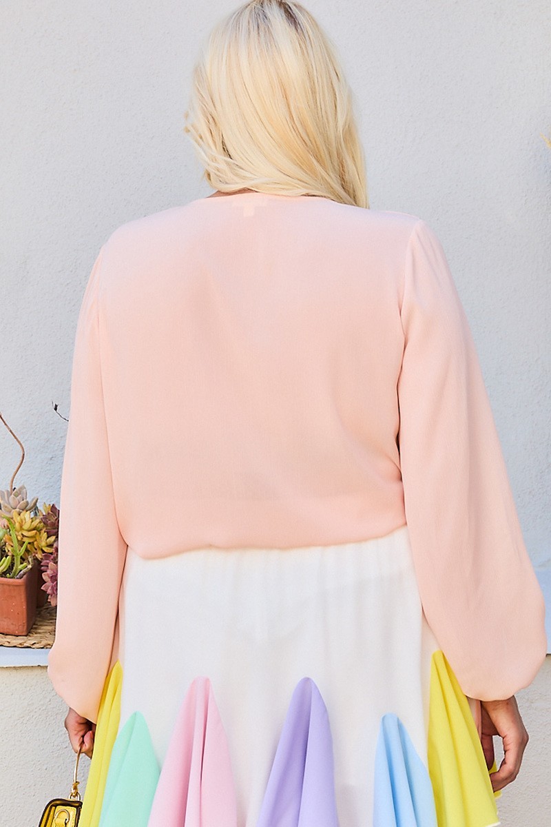 V Neck Bubble Sleeve Solid Top, photo 2