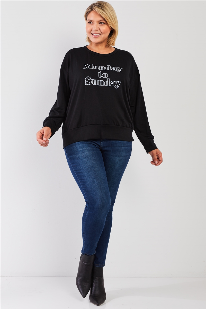 Black "monday Sunday" Print Long Sleeve Relaxed Sweatshirt Top, photo 2
