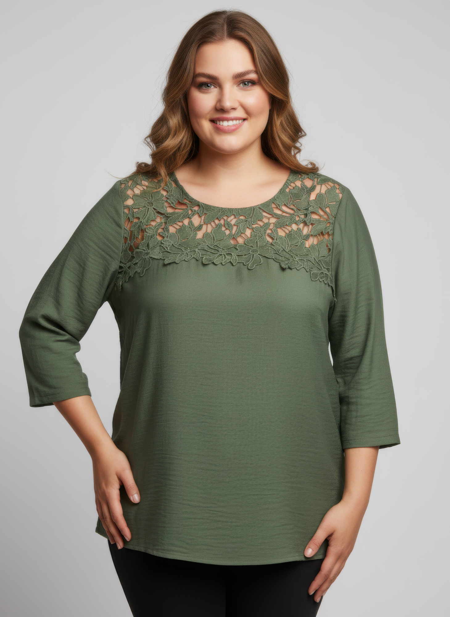 Lace Yoke Three-Quarter Sleeve Knit Top
