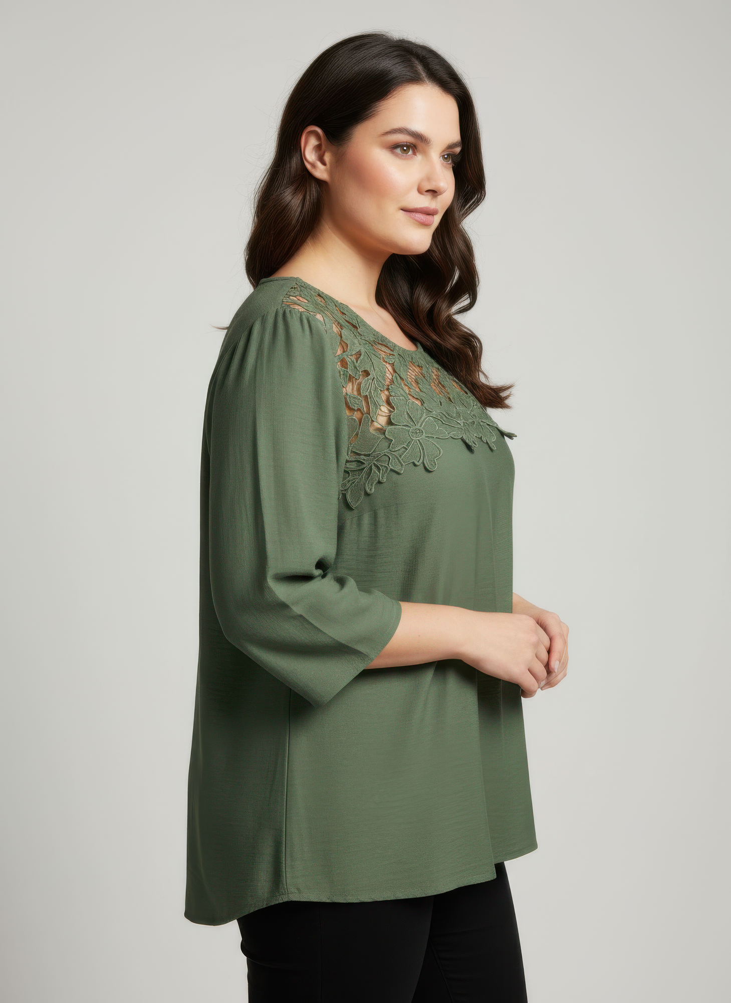 Lace Yoke Three-Quarter Sleeve Knit Top, photo 2