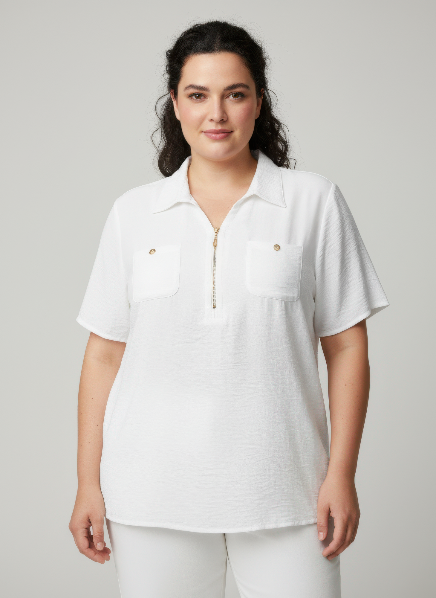 Zip-Front Collared Utility Knit Top