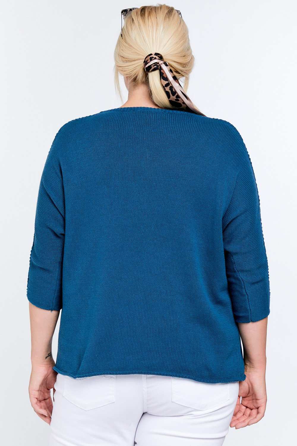Solid Round Neck 3/4 Sleeve Sweater Top, photo 3