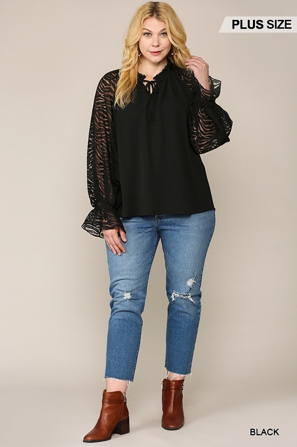 Zebra Burnout Sleeve Ruffled Neck Bubble Crepe Blouse, photo 2
