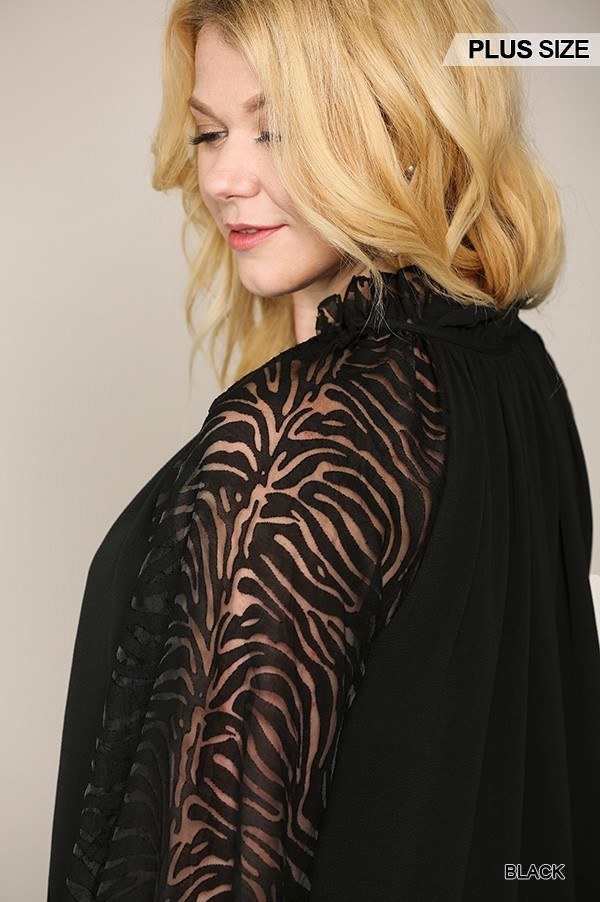 Zebra Burnout Sleeve Ruffled Neck Bubble Crepe Blouse, photo 4