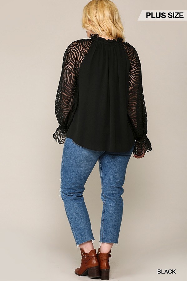 Zebra Burnout Sleeve Ruffled Neck Bubble Crepe Blouse, photo 5