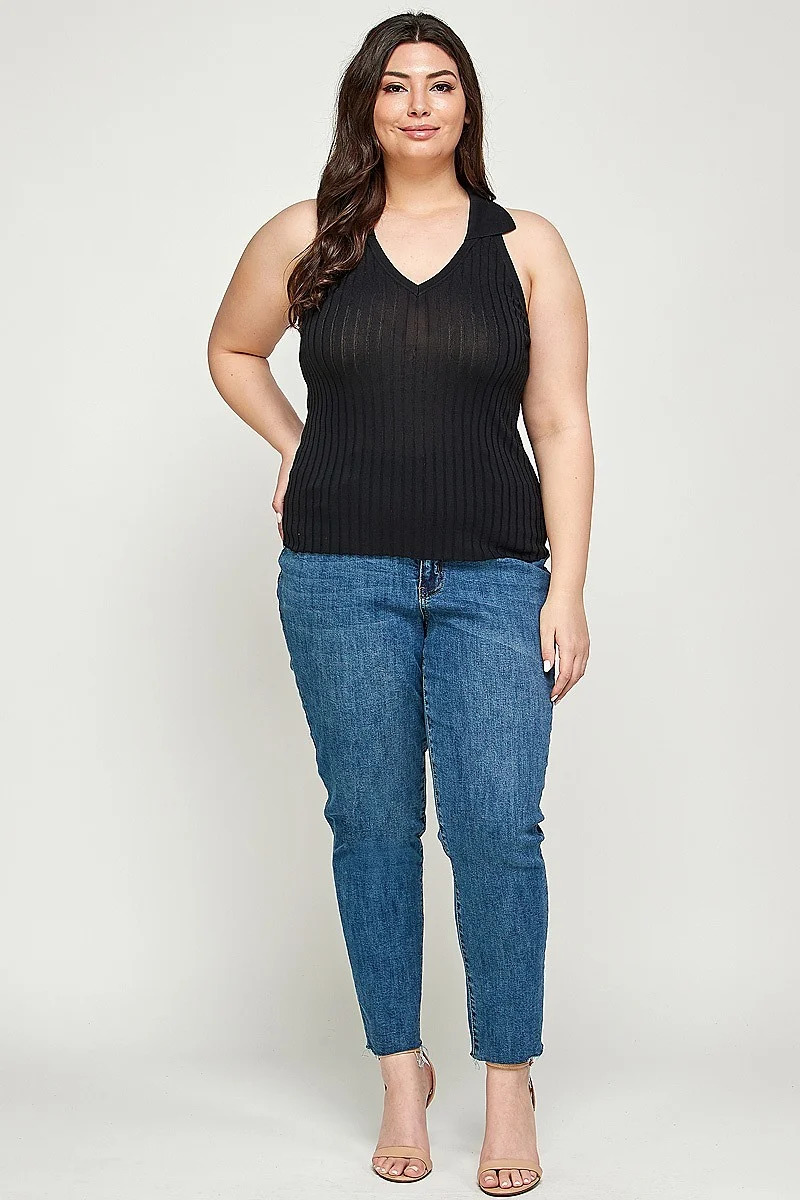 Plus Size, Solid Ribbed Knit Polo Sleeveless Top, photo 2