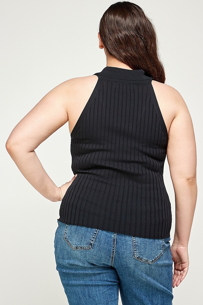 Plus Size, Solid Ribbed Knit Polo Sleeveless Top, photo 4