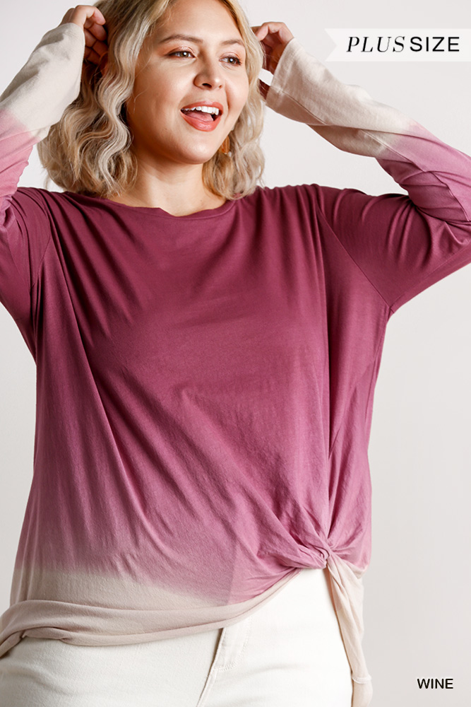 Ombre Print Long Sleeve Top with Gathered Front Detail and Raw Hem